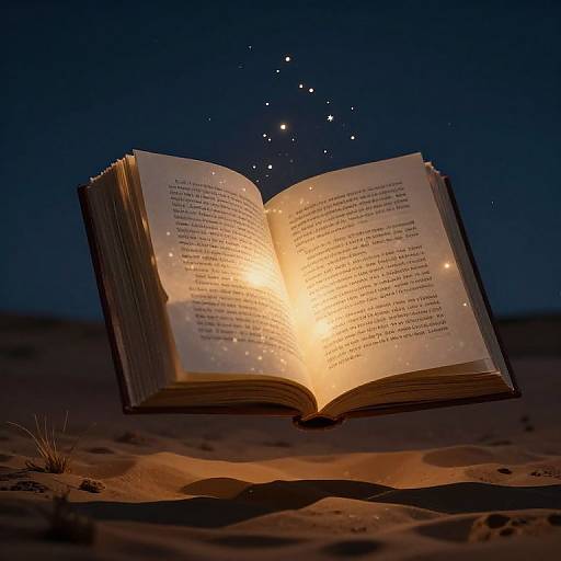 Photograph of an open book glowing magically, surrounded by floating stars, on a dark, sandy desert at night.