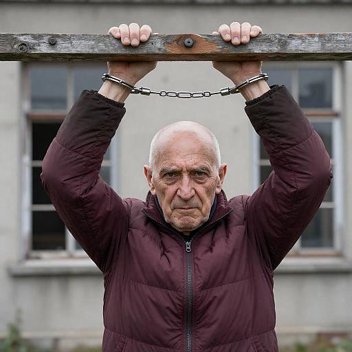 Elderly Man in Handcuffs Holding Wooden Beam