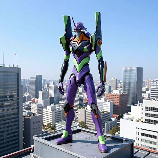 Digitally rendered mecha standing on rooftop against cityscape background, featuring purple and green armor with angular design, bright blue sky above.