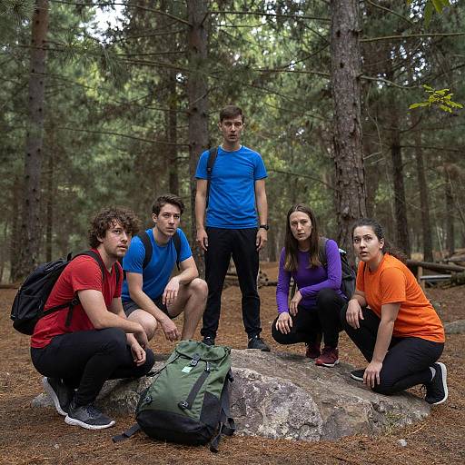 Group of Six in Forest Crouching Scene