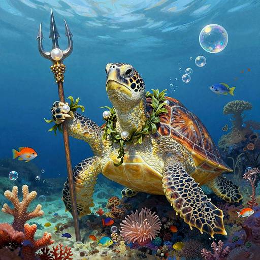 Vibrant photograph of a turtle with a trident, adorned with a leafy necklace, swimming amidst colorful coral and fish in a clear blue underwater