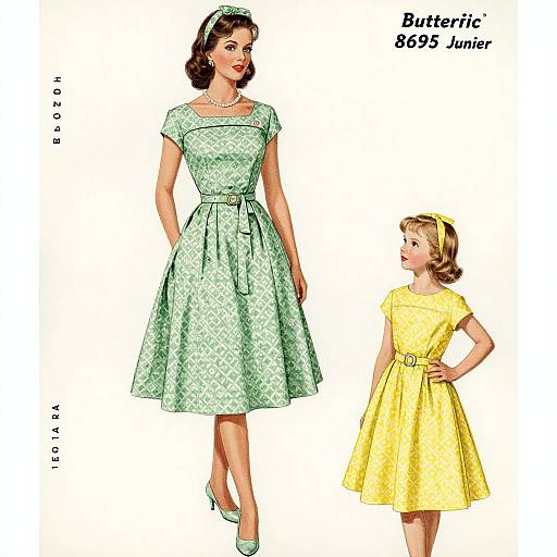 Vintage illustration of a woman in a green floral dress and a girl in a yellow polka-dot dress, both wearing headbands. Text: 