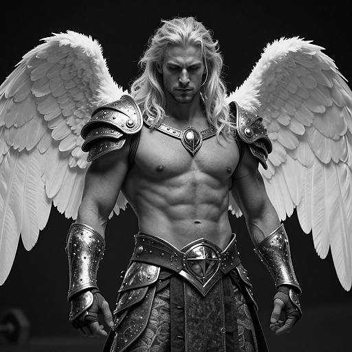 Photographic-style CGI of a muscular, shirtless angelic warrior with white wings, long blonde hair, and silver armor, standing against a dark background