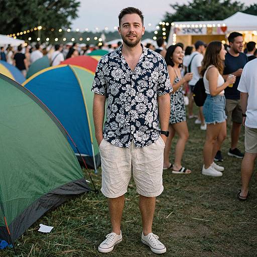 Photograph of a bearded man in a black-and-white floral shirt, white shorts, and white sneakers, standing at a colorful outdoor festival with string