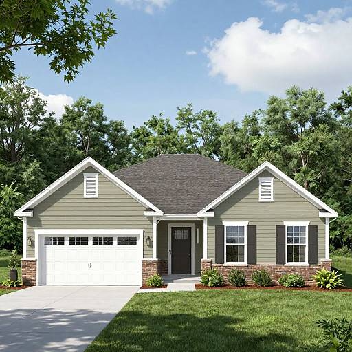 Photograph of a charming, single-story suburban house with green siding, white trim, brick base, two garage doors, black door, and lush green