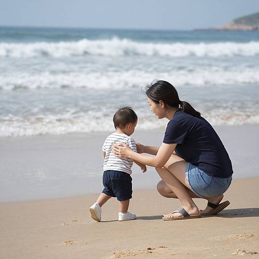Mother Guiding Toddler on Beach
