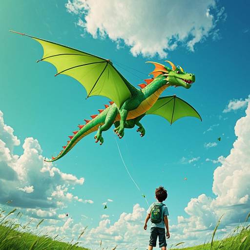 Boy Flying Dragon Kite in Clear Sky
