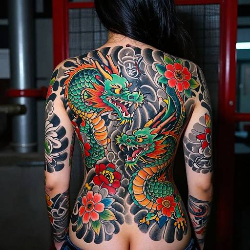 Photograph of a person's back featuring vibrant, detailed Japanese-style dragon and flower tattoos in bold colors, surrounded by black ink.