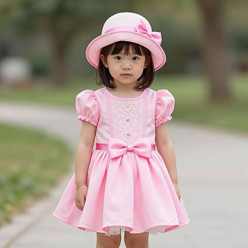 Photograph of an Asian girl with short black hair wearing a pink dress, matching hat with bow, standing on a blurred park path.
