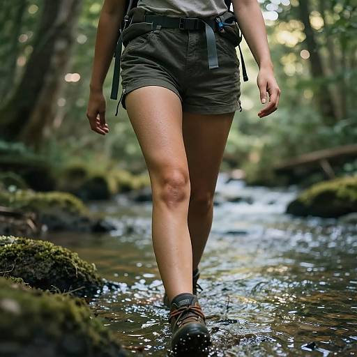 Photograph of a person's legs in olive green shorts and hiking boots, walking through a mossy, forest stream with sunlight filtering through trees.