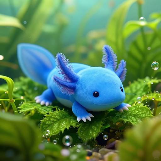 Photorealistic digital artwork of a cute, blue, finned aquatic creature with small white claws, frilled ears, and dark eyes, nestled in