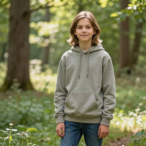 Photograph of a young girl with shoulder-length brown hair, wearing a gray hoodie and blue jeans, standing in a sunlit forest.