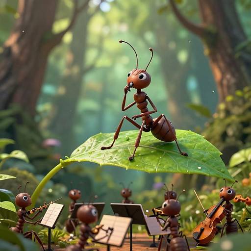 Photograph of whimsical, anthropomorphic ants playing musical instruments on a green leaf in a sunlit, lush forest, with blurred trees in the background