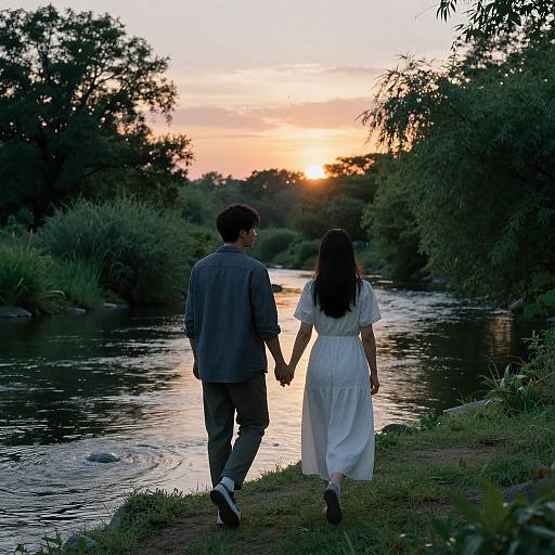 Photograph of a couple holding hands, walking along a serene river at sunset, wearing casual and white dress, surrounded by trees.