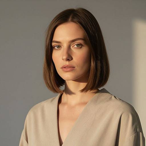 Photograph of a young woman with straight, dark brown bob haircut, light skin, green eyes, wearing a beige V-neck top, illuminated by soft