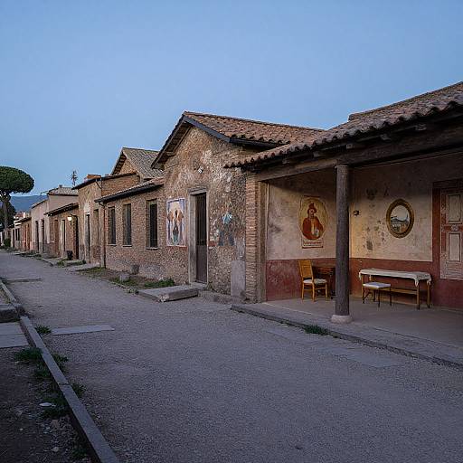 Photograph of a quiet, cobblestone street with rustic, brick buildings featuring worn walls, wooden benches, and religious paintings under a clear blue sky