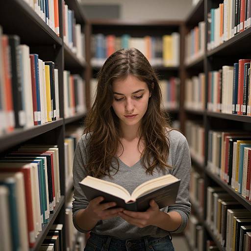 Photograph of a young woman with long brown hair, wearing a gray sweater, reading a book in a library aisle with colorful bookshelves on both