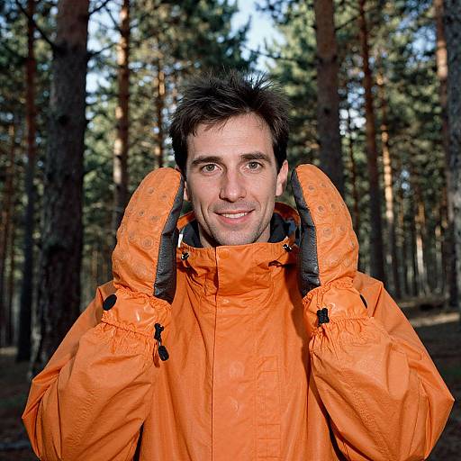 Photograph of a smiling man with short dark hair, wearing an orange hiking jacket, standing in a sunlit forest with tall pine trees in the background