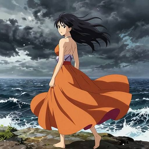 Anime-style digital artwork of a woman with long black hair in an orange dress standing on a rocky beach, ocean waves crashing, stormy sky overhead.
