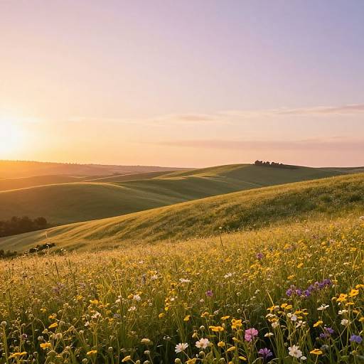 Photograph of a sunlit, rolling hillside at sunset, with colorful wildflowers in the foreground, golden light, and a clear sky.