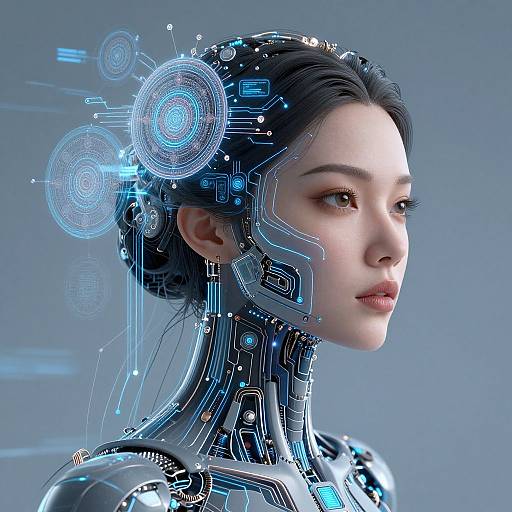 CGI image of a beautiful, fair-skinned woman with dark hair, wearing a futuristic, cybernetic headpiece with glowing blue circuits, against
