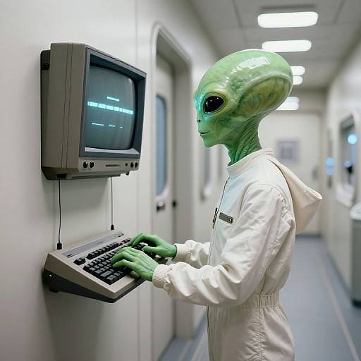 Photograph of a green-skinned alien with large eyes, wearing a white lab coat, typing on a wall-mounted keyboard and monitor in a brightly lit