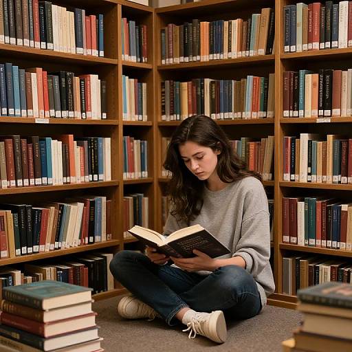 Photograph of a young woman with long brown hair, wearing a gray sweater and blue jeans, sitting cross-legged in a library, reading a book surrounded