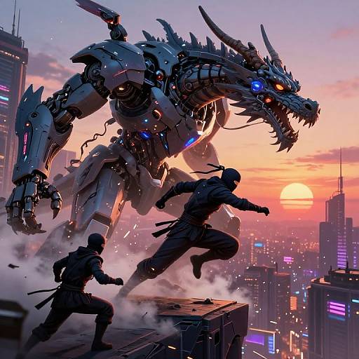 Digital artwork: Cybernetic dragon battles two silhouetted warriors on a rooftop at sunset, cityscape with glowing skyscrapers in background.
