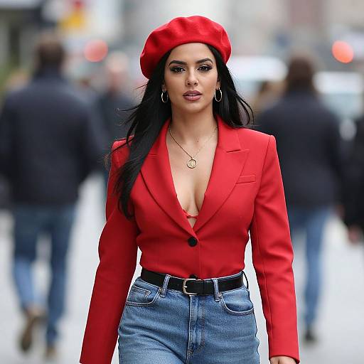 Photograph of a confident woman with long black hair, wearing a red beret, red blazer with deep neckline, blue jeans, black belt,