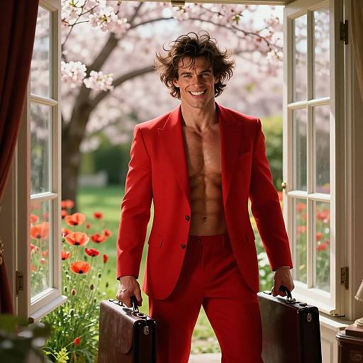 Smiling man with messy dark hair, shirtless in red suit, holding briefcase, stands in sunlit window, cherry blossoms and red flowers