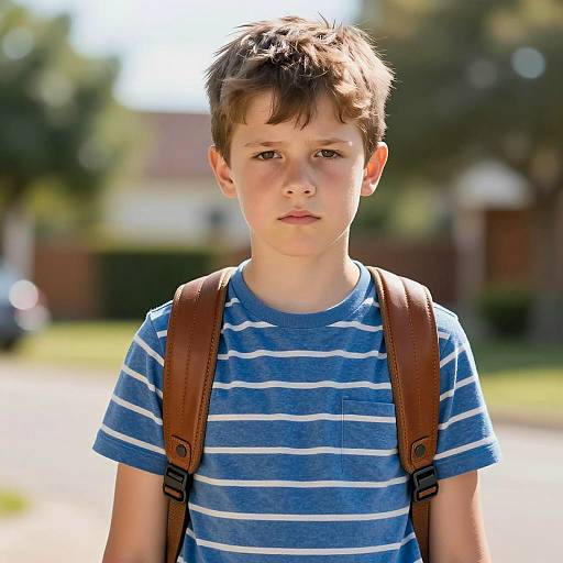 Serious Boy with Backpack Outdoors
