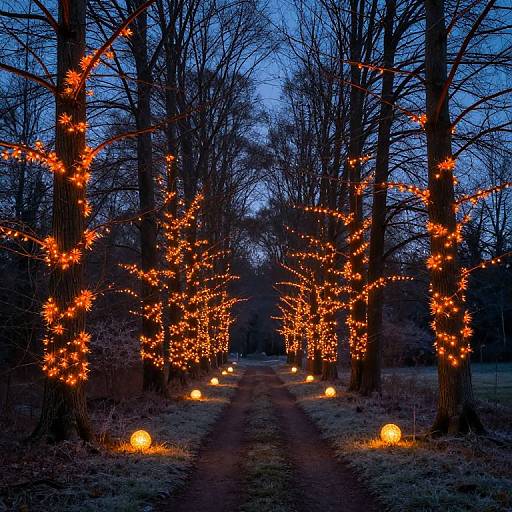 Photograph of a forest path at dusk, adorned with orange fairy lights on leafless trees, illuminated by glowing orbs along the path.