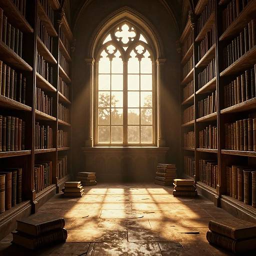 Photograph of a sunlit, ancient library with tall Gothic arch window, wooden bookshelves filled with books, and scattered stacks on the stone floor