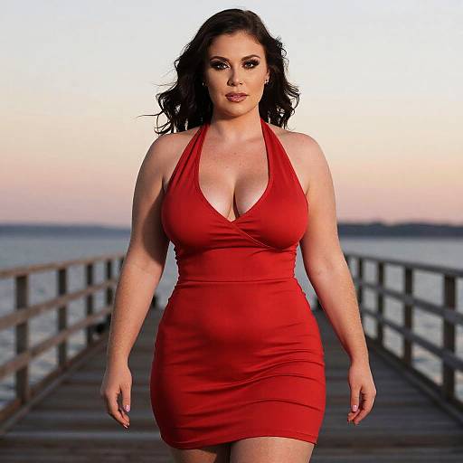 Photograph of a curvy woman with fair skin, dark wavy hair, wearing a deep red, halter-neck dress, walking on a wooden