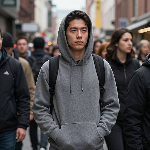 Photograph of a young man with medium skin tone, dark hair, wearing a gray hoodie, backpack, and serious expression, standing in a bustling urban