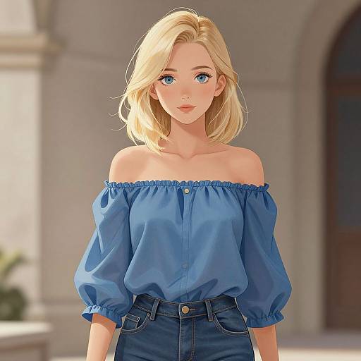 Digital anime-style illustration of a blonde woman with blue eyes, wearing an off-shoulder blue blouse and high-waisted blue jeans, standing in