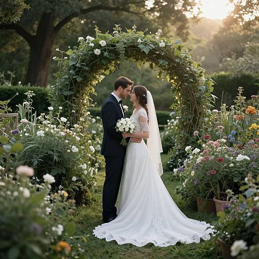 Photograph of a bride and groom kissing under a floral arch in a sunlit garden, surrounded by colorful flowers and greenery.