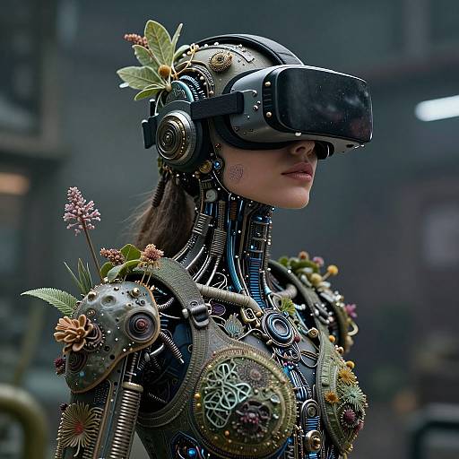 Cybernetic woman in VR headset, adorned with mechanical gears, wires, and flowers, in a futuristic, industrial cityscape. Photorealistic