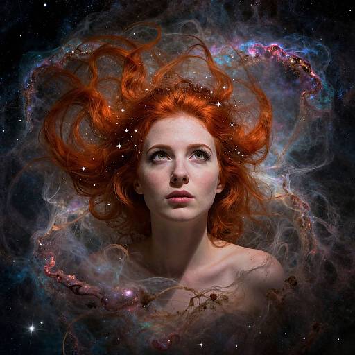 Digital artwork of a fair-skinned woman with vibrant red hair floating in a cosmic, starry nebula, surrounded by colorful, swirling gas clouds.