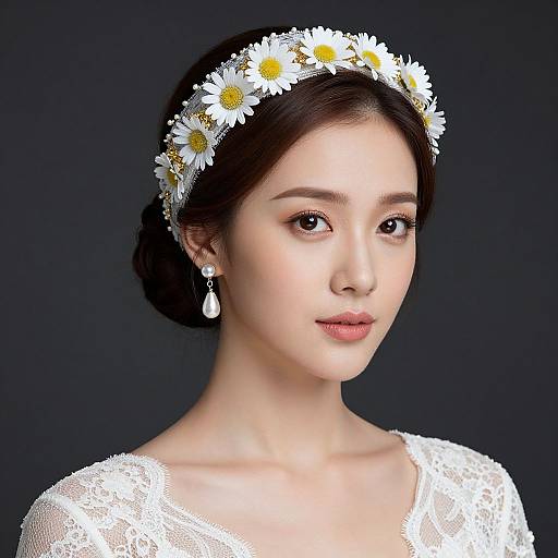 Photograph of an Asian woman with fair skin, dark hair in a bun, wearing a white lace dress, daisy headband, and pearl earrings