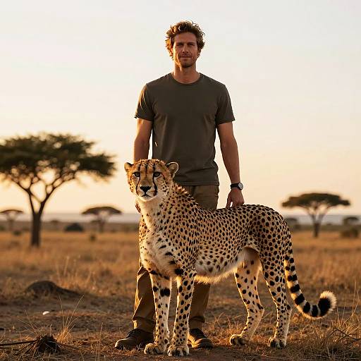 Man Standing with Cheetah at Sunset in African Savannah