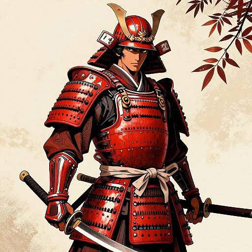 Digital illustration of a stern-looking samurai in red armor with horned helmet, holding two swords, against a beige background with leafy branches.