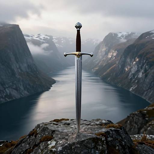 Photograph of a silver sword with black hilt standing on a rocky cliff, overlooking a misty, mountainous lake.