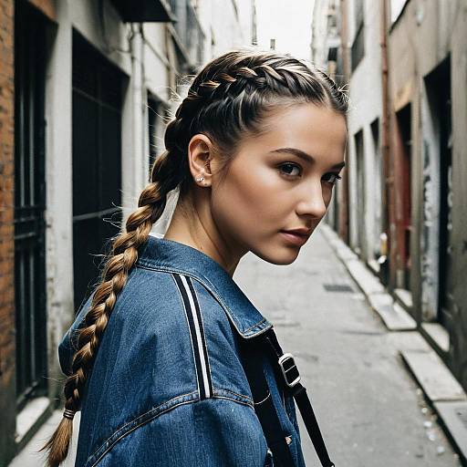 Young Woman with French Braids in Urban Alleyway