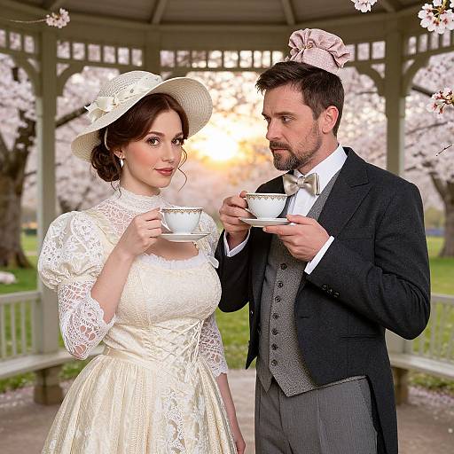 Photograph of a couple in formal attire, standing in a sunlit gazebo with cherry blossoms, holding tea cups, she in a lace wedding