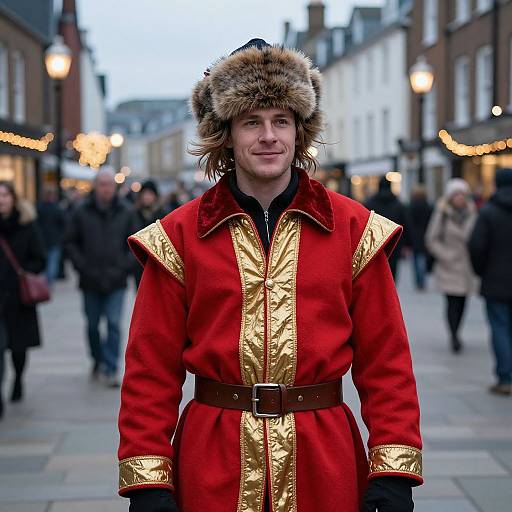 Photograph of a young man with shoulder-length brown hair, wearing a red and gold coat with fur hat, standing in a bustling, illuminated street.