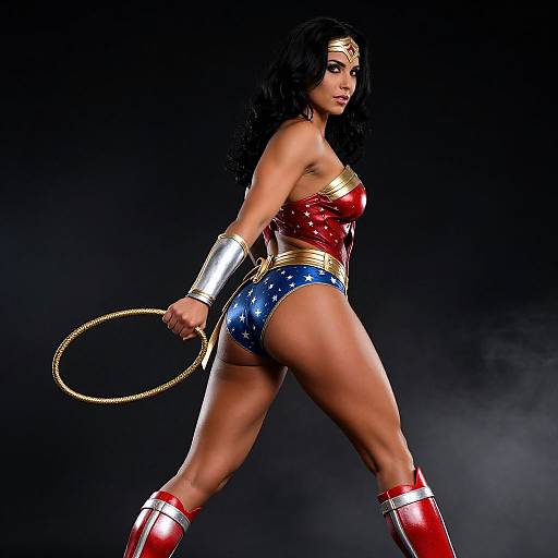 Photograph of Wonder Woman in iconic costume: red bustier, blue star-spangled shorts, gold belt, silver bracelets, red boots, holding l