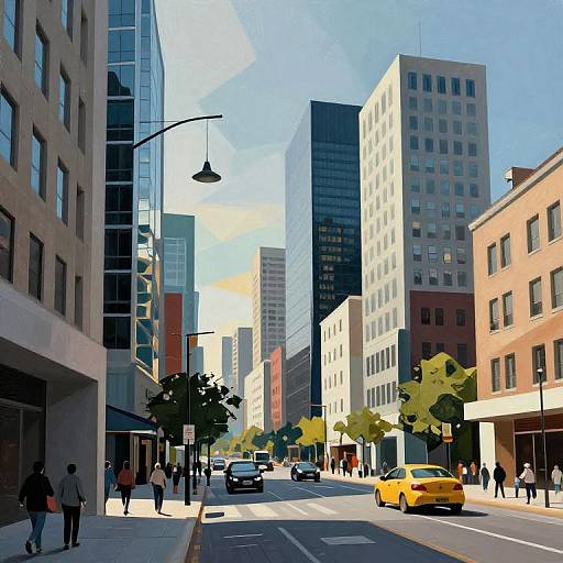 Digital illustration of a bustling urban street with tall modern buildings, yellow taxi, pedestrians, street lamps, and clear blue sky.
