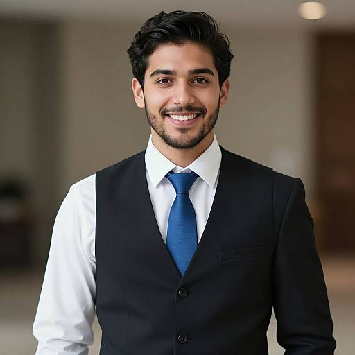 Photograph of a smiling young man with dark hair and beard, wearing a black vest, white shirt, and blue tie, standing indoors.
