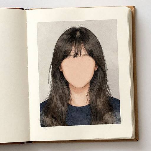 Photograph of a digital drawing in a sketchbook: anonymous woman with long black hair, face blurred, wearing a dark shirt, framed by a white